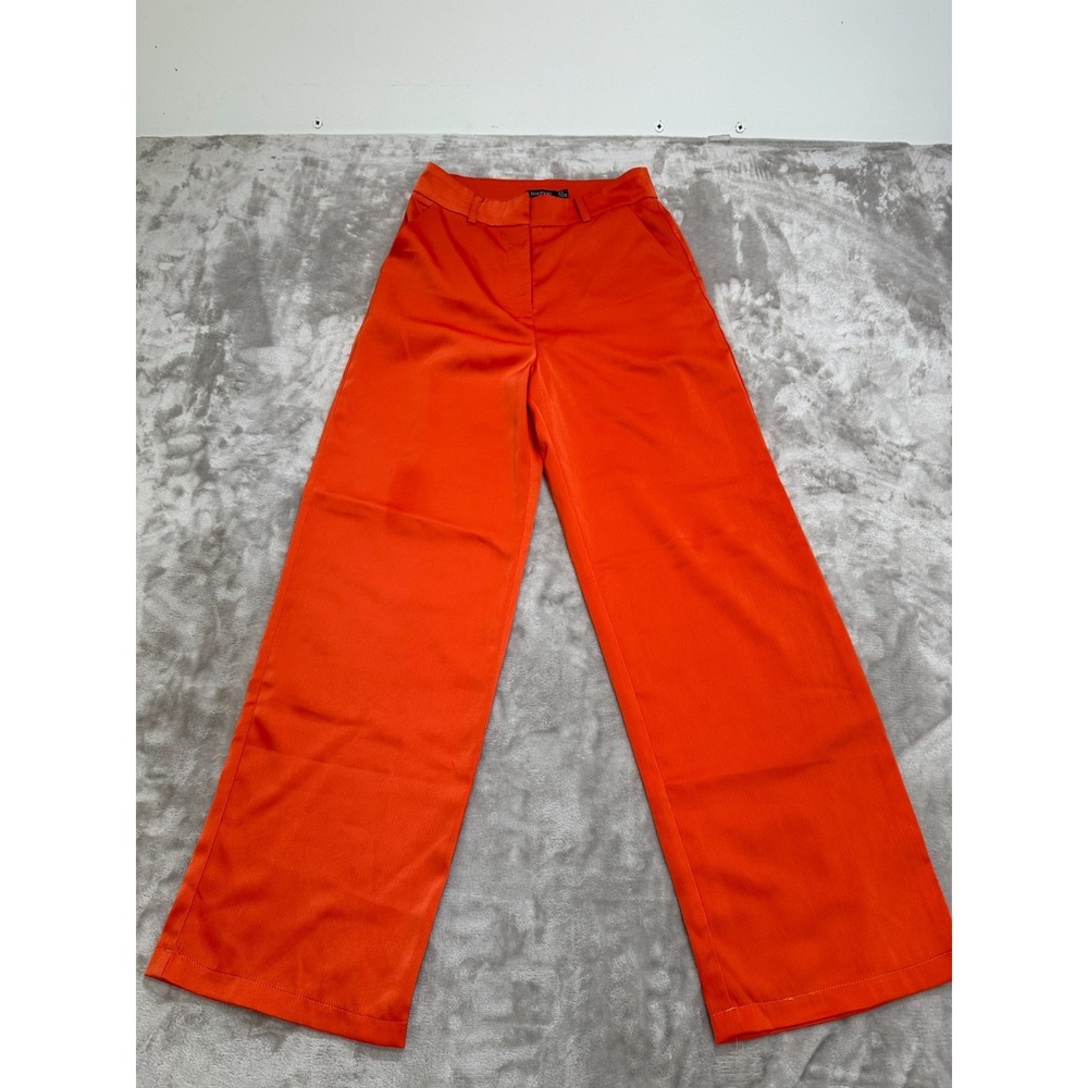 Boohoo Pants Womens Size 8 Orange Straight Leg 100% Polyester Silk Feel EUC